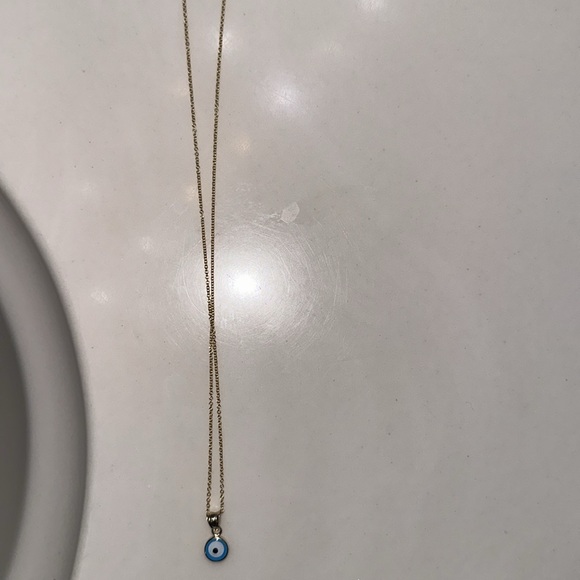 14k gold chain with Evil eye pendant. 14” inch length. Dainty piece of jewelry. - Picture 3 of 5